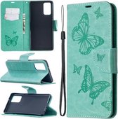 Voor Samsung Galaxy Note20 Embossing Twee Vlinders Patroon Horizontale Flip PU Lederen Case met Houder & Kaartsleuf & Portemonnee & Lanyard (Groen)