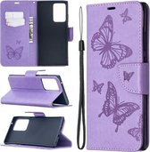 Voor Samsung Galaxy Note20 Ultra Embossing Two Butterflies Pattern Horizontale Flip PU Leather Case met houder & kaartsleuf & portemonnee & lanyard (paars)