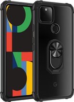 Voor Google Pixel 5 XL schokbestendig transparant TPU + acryl beschermhoes met ringhouder (zwart)