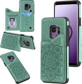 Voor Samsung Galaxy S9 bloem reliëf patroon schokbestendig beschermhoes met houder & kaartsleuven & fotolijst (groen)