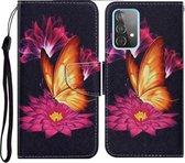 Voor Samsung Galaxy A52 5G Gekleurde Tekening Patroon Horizontale Flip PU Lederen Case met Houder & Kaartsleuven & Portemonnee & Lanyard (Grote Gouden Vlinder)