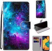 Voor Samsung Galaxy A30 & A20 Gekleurde tekening Cross Texture Horizontale Flip PU lederen tas met houder & kaartsleuven & portemonnee & lanyard (paarsgroene sterrenhemel)