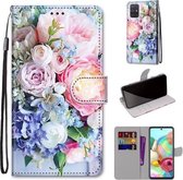 Voor Samsung Galaxy A71 5G Gekleurde Tekening Cross Textuur Horizontale Flip PU Lederen Case met Houder & Kaartsleuven & Portemonnee & Lanyard (Lichtroze Boeket)