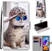 Voor Samsung Galaxy A21 Gekleurde Tekening Cross Textuur Horizontale Flip PU Lederen Case met Houder & Kaartsleuven & Portemonnee & Lanyard (Schuine Hoed Blauwe Spiegel Kat)