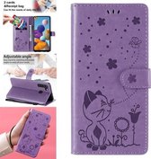 Voor Samsung Galaxy A21 Kat Bee Embossing Patroon Schokbestendig Horizontaal Flip Leren Hoesje met Houder & Kaartsleuven & Portemonnee (Paars)