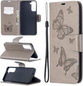 Voor Samsung Galaxy S21 + 5G Embossing Twee Vlinders Patroon Horizontale Flip PU Lederen Case met Houder & Kaartsleuf & Portemonnee & Lanyard (Grijs)