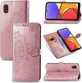 Voor Samsung Galaxy A21 (JP-versie) Mandala bloem reliëf horizontale flip lederen tas met beugel / kaartsleuf / portemonnee / lanyard (rose goud)