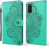 Voor Samsung Galaxy S20 + pauw reliëf patroon horizontale flip lederen tas met houder & kaartsleuven & portemonnee & lanyard (groen)