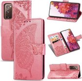 Voor Galaxy S20 FE / S20 Lite Butterfly Love Flower Reliëf Horizontale Flip Leren Case met Beugel / Kaartsleuf / Portemonnee / Lanyard (Roze)