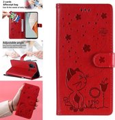 Voor OnePlus Nord N100 5G Cat Bee Embossing Pattern Schokbestendig horizontaal Flip lederen hoesje met houder & kaartsleuven & portemonnee (rood)