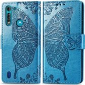 Voor Moto G8 Power Lite Butterfly Love Flower Reliëf Horizontale Flip Leren Case met Beugel / Kaartsleuf / Portemonnee / Lanyard (Blauw)