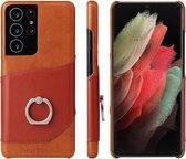 Voor Samsung Galaxy S21 5G Fierre Shann Olie Wax Textuur Lederen Cover Case met 360 Graden Rotatie Houder & Card Slot (Bruin)