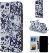 Horizontale lederen flip-hoes met schedel- en bloempatroon voor iPhone X, met houder en kaartsleuven en fotolijst en portemonnee
