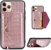 Voor iPhone 11 Pro Krokodilpatroon PU + TPU + PVC Breukvast gsm-hoesje met magnetische onzichtbare houder & houder & kaartsleuven (roségoud)