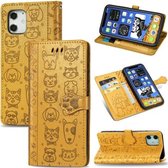 Voor iPhone 12/12 Pro Leuke kat en hond in reliëf gemaakte horizontale lederen flip-hoes met houder & kaartsleuven & portemonnee & lanyard (geel)
