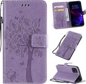 Tree & Cat Pattern Pressed Printing Horizontale Flip PU lederen tas met houder & kaartsleuven & portemonnee & lanyard voor iPhone 11 (lichtpaars)