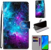 Voor Huawei P smart 2020 Gekleurde Tekening Cross Textuur Horizontale Flip PU Leren Case met Houder & Kaartsleuven & Portemonnee & Lanyard (Paars Groene Sterrenhemel)