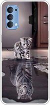 Voor OPPO Reno4 Gekleurde tekening Clear TPU Cover Beschermhoesjes (Reflection Cat Tiger)