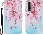 Voor Huawei P Smart 2021 / Y7a Gekleurde Tekening Patroon Horizontale Flip PU Lederen Case met Houder & Kaartsleuven & Portemonnee & Lanyard (Kersenbloesems)