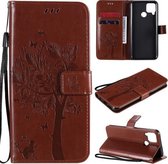 Voor OPPO Realme C12 / C15 Boom & Kat Reliëfpatroon Horizontale Flip Leren Case met Houder & Kaartsleuven & Portemonnee & Lanyard (Koffie)