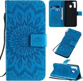 Voor Galaxy A21 Geperst Afdrukken Zonnebloempatroon Horizontaal Flip PU-lederen hoes met houder & kaartsleuven & portemonnee & lanyard (blauw)
