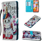 Voor Galaxy M11 - Leren hoesje met glitterpatroon met links en rechts met beugel en kaartsleuf en portemonnee en lanyard (Star Unicorn)