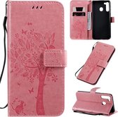 Voor Galaxy A21 Tree & Cat Pattern Pressed Printing Horizontale Flip PU lederen tas met houder & kaartsleuven & portemonnee & lanyard (roze)