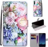 Voor Huawei P40 Lite E / Y7p Gekleurde Tekening Cross Textuur Horizontale Flip PU Lederen Case met Houder & Kaartsleuven & Portemonnee & Lanyard (Lichtroze Boeket)