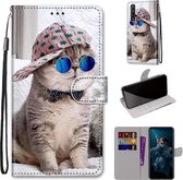 Voor Huawei Honor 20 Gekleurde Tekening Cross Textuur Horizontale Flip PU Lederen Case met Houder & Kaartsleuven & Portemonnee & Lanyard (B20 Slant Hat Blue Mirror Cat)