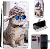 Voor Nokia 5 Gekleurde Tekening Cross Textuur Horizontale Flip PU Lederen Case met Houder & Kaartsleuven & Portemonnee & Lanyard (Slant Hat Blue Mirror Cat)