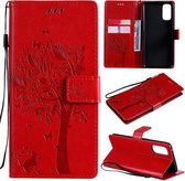 Voor OPPO Reno4 Boom & Kat Patroon Geperst Afdrukken Horizontale Flip PU Leren Case met Houder & Kaartsleuven & Portemonnee & Lanyard (Rood)