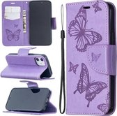 Voor iPhone 12 mini Embossing Two Butterflies Pattern Horizontale Flip PU Leather Case met houder & kaartsleuf & portemonnee & lanyard (paars)