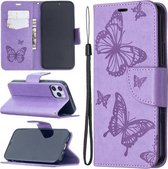 Voor iPhone 12 Pro Max Embossing Two Butterflies Pattern Horizontale Flip PU Leather Case met houder & kaartsleuf & portemonnee & lanyard (paars)