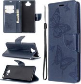 Voor Sony Xperia 20 Embossing Two Butterflies Pattern Horizontale Flip PU Leather Case met houder & kaartsleuf & portemonnee & lanyard (donkerblauw)