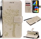 Voor Google Pixel 4a 4G Boom & Kat Reliëfpatroon Horizontale Flip Leren Case met Houder & Kaartsleuven & Portemonnee & Lanyard (Goud)