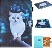 Voor iPad Mini 2019 & 4 & 3 & 2 & 1 Gekleurde tekening Stiksels Horizontale flip lederen hoes met houder & kaartsleuven & slaap- / wekfunctie (Blue Eyed White Cat)