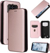 Voor Oukitel WP5 / WP5 Pro Koolstofvezel Textuur Magnetische Horizontale Flip TPU + PC + PU lederen tas met kaartsleuf (roze)