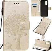 Voor Galaxy S20 Tree & Cat Pattern Pressed Printing Horizontale Flip PU lederen tas met houder & kaartsleuven & portemonnee & lanyard (goud)
