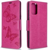 Voor Galaxy S20 Ultra Embossing Two Butterflies Pattern Horizontale Flip PU Leather Case met houder & kaartsleuf & portemonnee & Lanyard (Rose Red)