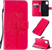 Voor Galaxy A51 Tree & Cat Pattern Pressed Printing Horizontale Flip PU Leather Case met houder & kaartsleuven & portemonnee & Lanyard (Rose Red)