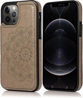 Mandala-patroon met dubbele gesp PU + TPU-beschermhoes met kaartsleuven en houder & fotolijst voor iPhone 12/12 Pro (grijs)