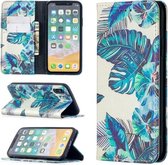 Gekleurde tekening patroon onzichtbare magnetische horizontale flip PU lederen tas met houder & kaartsleuven & portemonnee voor iPhone X / XS (blauwe bladeren)
