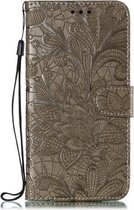 Kant bloem reliëf patroon horizontale flip lederen tas voor Moto P40 Play, met houder & kaartsleuven & portemonnee & fotolijst & lanyard (grijs)