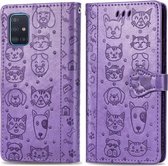 Voor Galaxy A51 5G mooie kat en hond reliëfpatroon horizontaal flip lederen tas, met houder & kaartsleuven & portemonnee & cartoon sluiting & lanyard (paars)