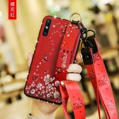 Voor Huawei Enjoy 10e Bloemendoekpatroon Schokbestendig TPU-hoesje met houder & polsband & nekkoord (rood)