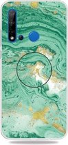 Voor Huawei P20 lite (2019) Reliëf gelakt marmer TPU beschermhoes met houder (donkergroen)