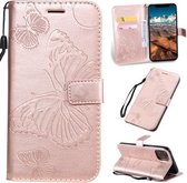 Geperst afdrukken Vlinderpatroon Horizontale flip PU lederen tas met houder & kaartsleuven & portemonnee & lanyard voor iPhone 11 Pro Max (roségoud)