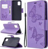Voor Samsung Galaxy A31 Twee vlinders reliëfpatroon horizontaal Flip lederen tas met houder & kaartsleuf & portemonnee & lanyard (paars)
