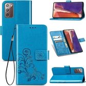 Voor Samsung Galaxy Note20 Ultra vierbladige gesp reliëf gesp mobiele telefoon bescherming lederen tas met lanyard & kaartsleuf & portemonnee & beugel functie (blauw)