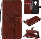 Voor Nokia 3.4 Boom & Kat Patroon Geperst Afdrukken Horizontale Flip PU Lederen Case met Houder & Kaartsleuven & Portemonnee & Lanyard (Koffie)